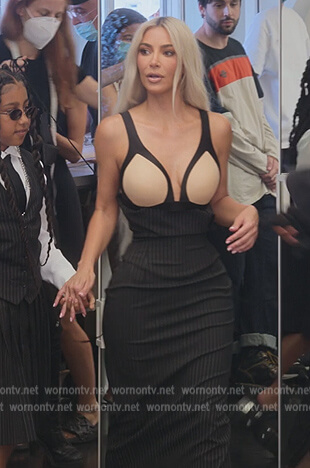 Kim's black pinstripe contrast dress on The Kardashians