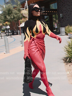 Kim's red leggings and fur sunglasses on The Kardashians