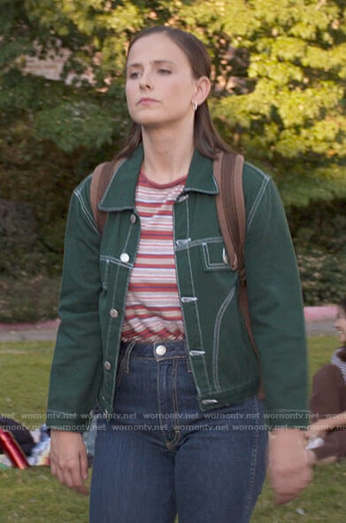 Kimberly’s green denim jacket on The Sex Lives of College Girls