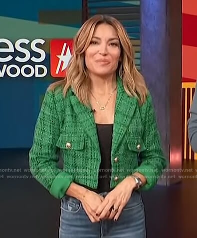 Kit's green cropped tweed blazer on Access Hollywood