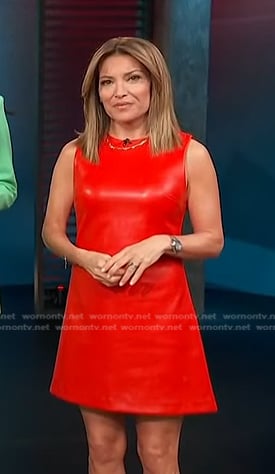 Kit’s red leather mini dress on Access Hollywood