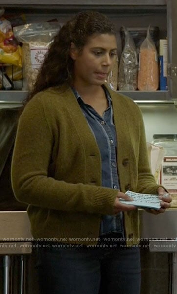 Kylie’s green v-neck cardigan on Chicago Fire