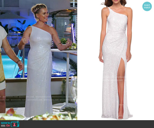 Rebecca’s white sequin one-shoulder gown on The Real Love Boat