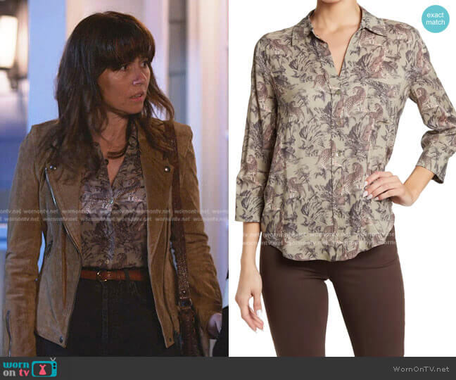 L'Agence Ryan Leopard Print Collared Shirt worn by Judy Hale (Linda Cardellini) on Dead to Me