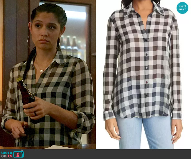 L'Agence Argo Buffalo Plaid Textured Button-Up Blouse worn by Stella Kidd (Miranda Rae Mayo) on Chicago Fire