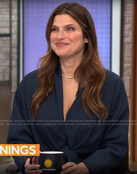 Lake Bell's navy top and pants set on CBS Mornings