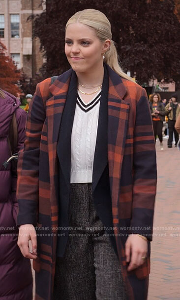 Leighton’s navy and orange plaid coat on The Sex Lives of College Girls