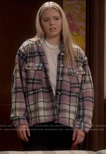 Leighton’s purple plaid shirt jacket on The Sex Lives of College Girls
