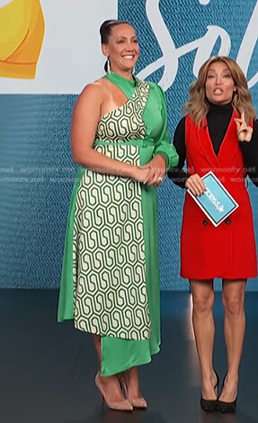 Jené Luciani's green geometric asymmetric dress on Access Hollywood