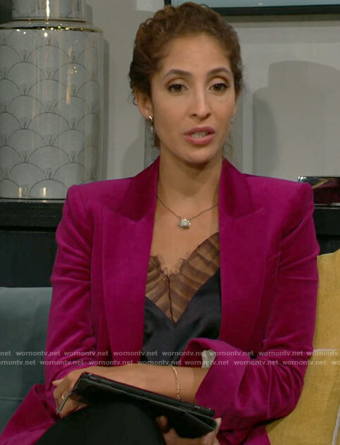 Lily's black mesh-trim cami and pink blazer on The Young and the Restless