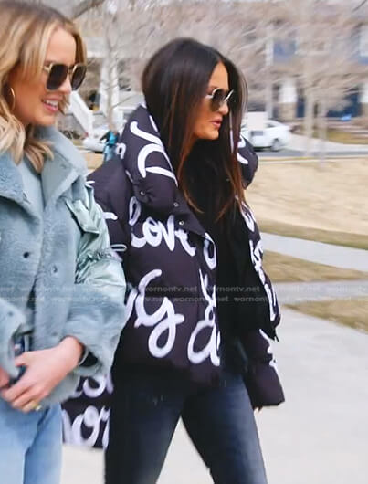 Lisa's black graphic print puffer jacket on The Real Housewives of Salt Lake City