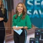 Lori’s green blouse and black side striped pants on Good Morning America