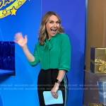 Lori’s green blouse and black side striped pants on Good Morning America