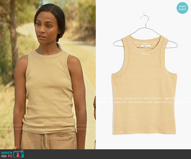 Amy’s yellow striped tank top on From Scratch