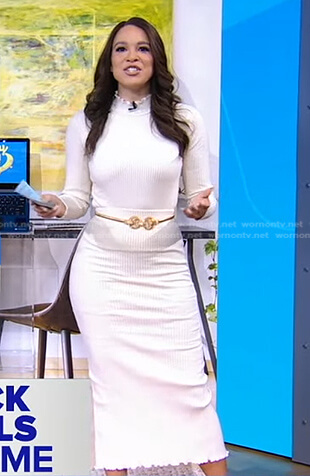 Megan Ryte’s white ribbed top and skirt on Good Morning America
