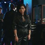 Mel’s black leather jumpsuit on The Equalizer