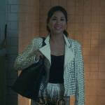 Mel’s white embellished leather jacket and printed pants on The Equalizer