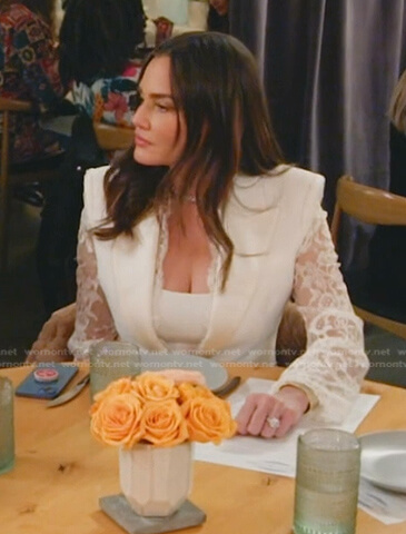 Meredith's white lace-sleeve blazer on The Real Housewives of Salt Lake City