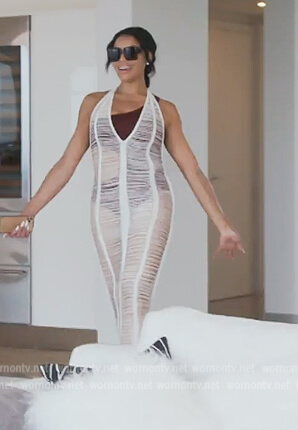 Mia's white open knit maxi dress on The Real Housewives of Potomac