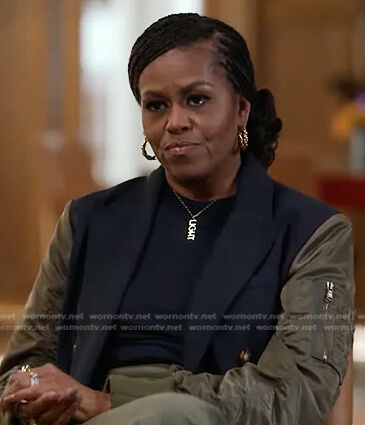 Michelle Obama’s navy mixed media blazer and pants on Good Morning America