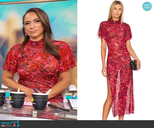 Misa Los Angeles Roberta Dress in Crimson Geo worn by Michelle Miller on CBS Mornings