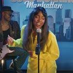 Misty’s yellow sequin wrap dress on The Equalizer