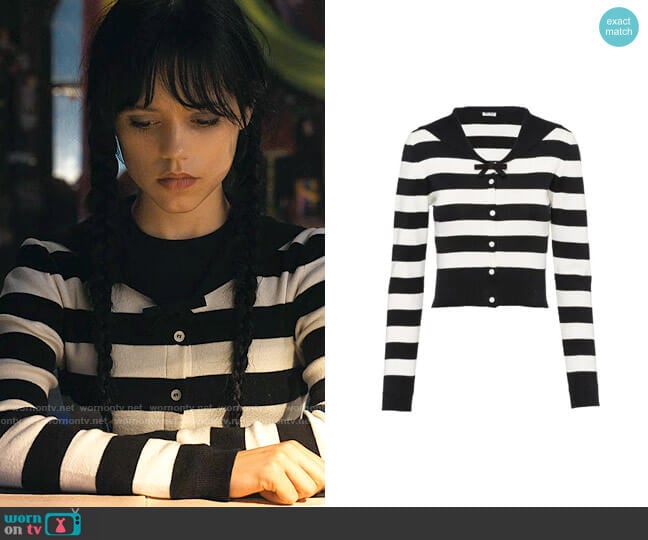 Miu Miu Striped cotton cardigan worn by Wednesday Addams (Jenna Ortega) on Wednesday