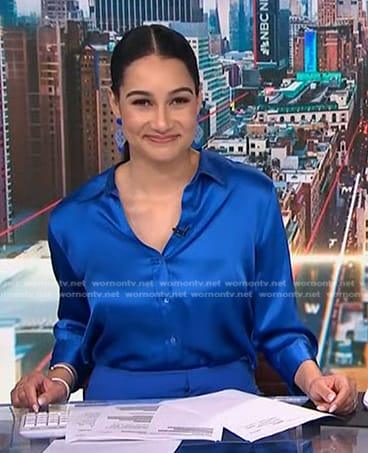 Morgan's blue elbow sleeve satin blouse on NBC News Daily