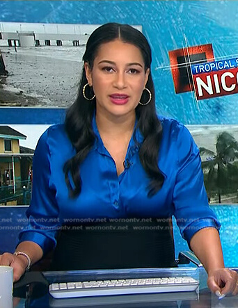 Morgan's blue elbow sleeve satin blouse on NBC News Daily