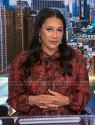 Morgan’s pink floral tie neck blouse on NBC News Daily