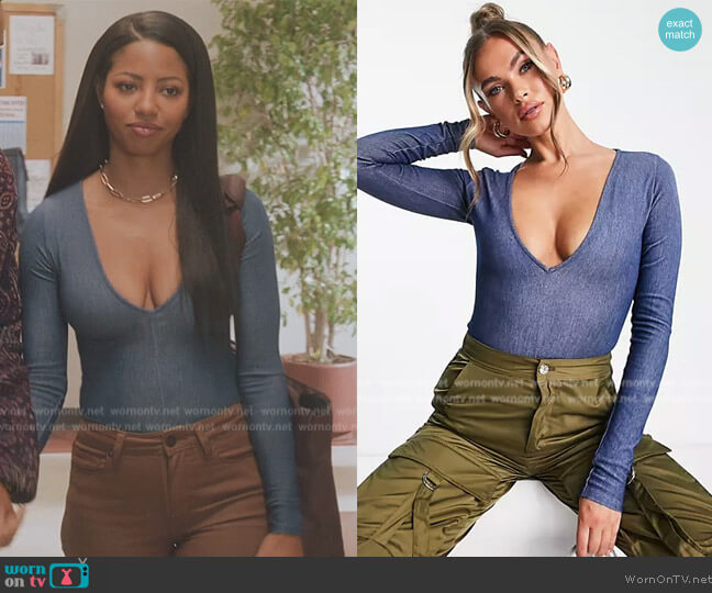 Naked Wardrobe Stretch denim bodysuit in blue worn by Thea (Camille Hyde) on All American Homecoming