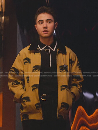 Nico's beige eye print bomber jacket on Elite