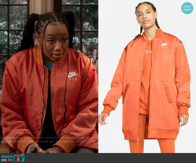 Nike Air Therma-FIT Synthetic-Fill Bomber Jacket in Sport Spice worn by Whitney Chase (Alyah Chanelle Scott) on The Sex Lives of College Girls