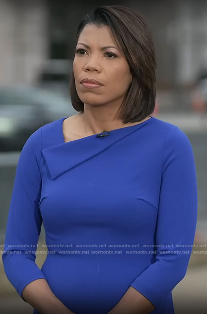 Nikole Killion’s blue folded neckline dress on CBS Mornings