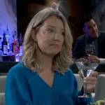 Nina’s blue v-neck sweater with ruched sleeves on General Hospital