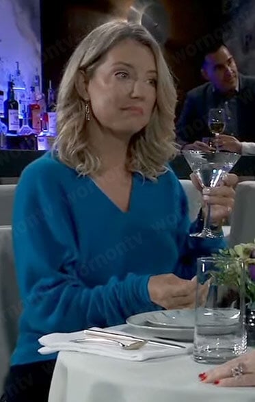 Nina’s blue v-neck sweater with ruched sleeves on General Hospital