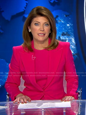 Norah’s pink peak lapel blazer on CBS Evening News