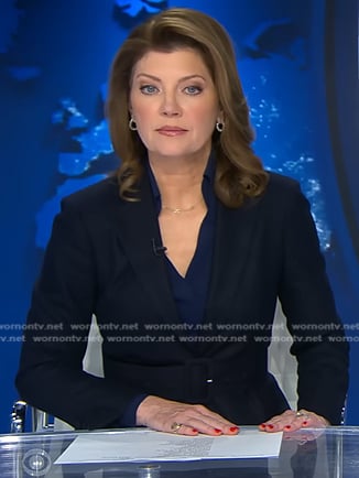 Norah's navy belted blazer on CBS Evening News