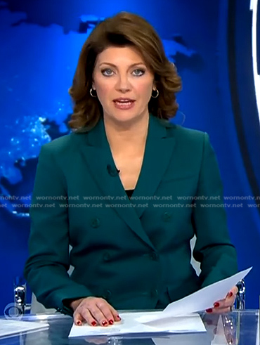 Norah’s teal double breasted blazer on CBS Evening News