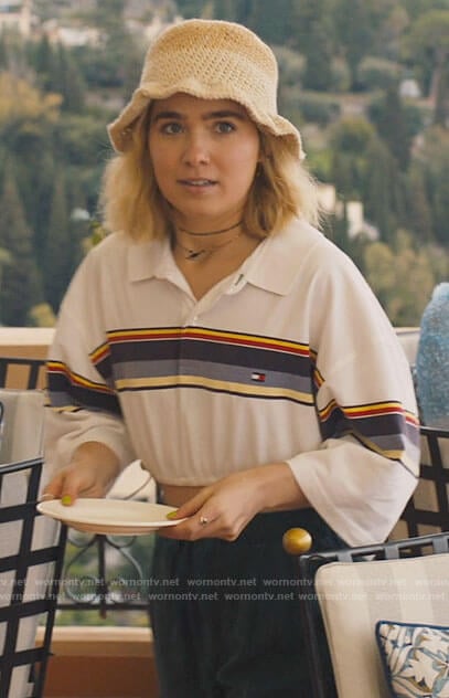 Portia’s striped polo shirt and crochet hat on The White Lotus