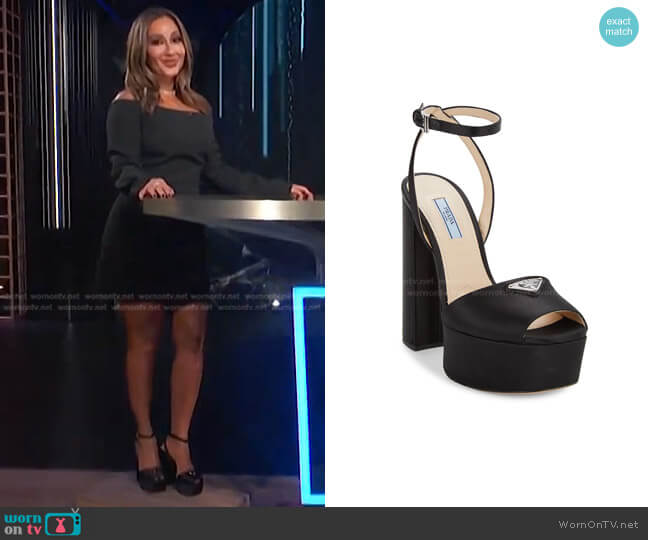 Prada Logo Satin Platform Ankle-Strap Sandals worn by Adrienne Houghton on E! News