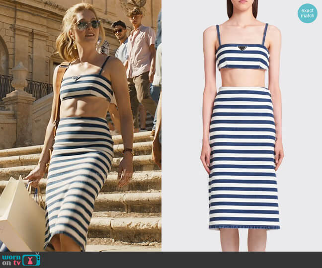 WornOnTV: Daphne's striped Prada bralette and skirt set on The White Lotus  | Meghann Fahy | Clothes and Wardrobe from TV