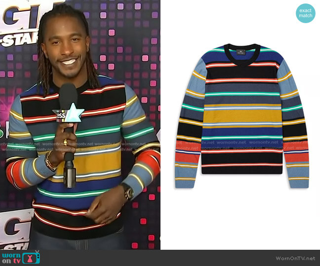 PS Paul Smith Merino Striped Pullover Crewneck Sweater worn by Scott Evans on Access Hollywood