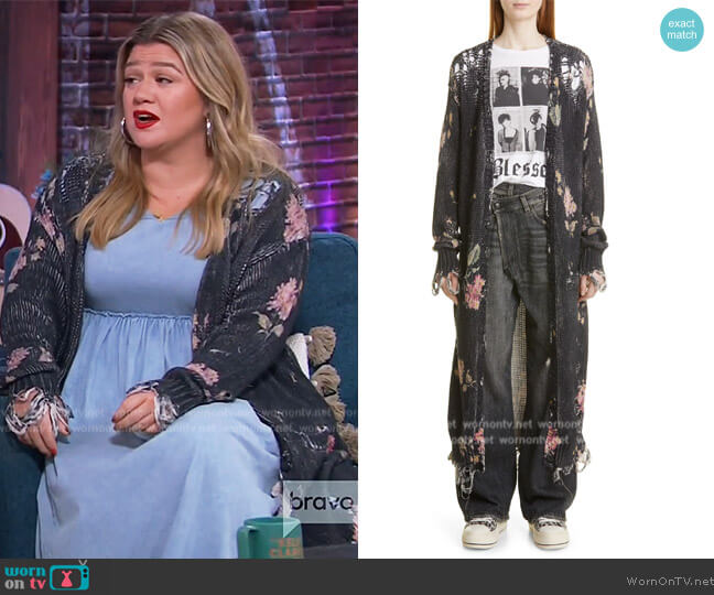 R13 Distressed Floral Long Cotton Cardigan worn by Kelly Clarkson on The Kelly Clarkson Show