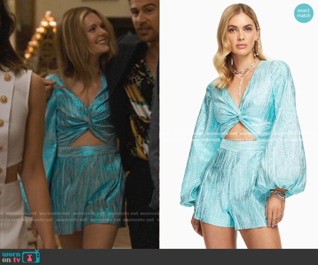 Ramy Brook Brilliant Cutout Romper in Blue Topaz worn by Daphne (Meghann Fahy) on The White Lotus