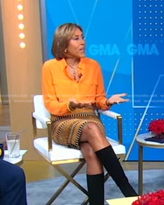 Robin’s orange blouse and brown striped skirt on Good Morning America