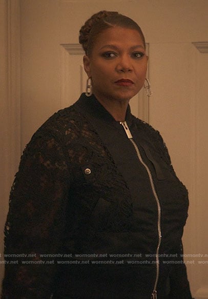 Robyn's black lace bomber jacket on The Equalizer