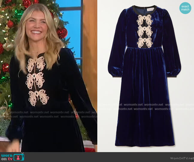 Saloni Camille Bows appliquéd velvet midi dress worn by Amanda Kloots on The Talk