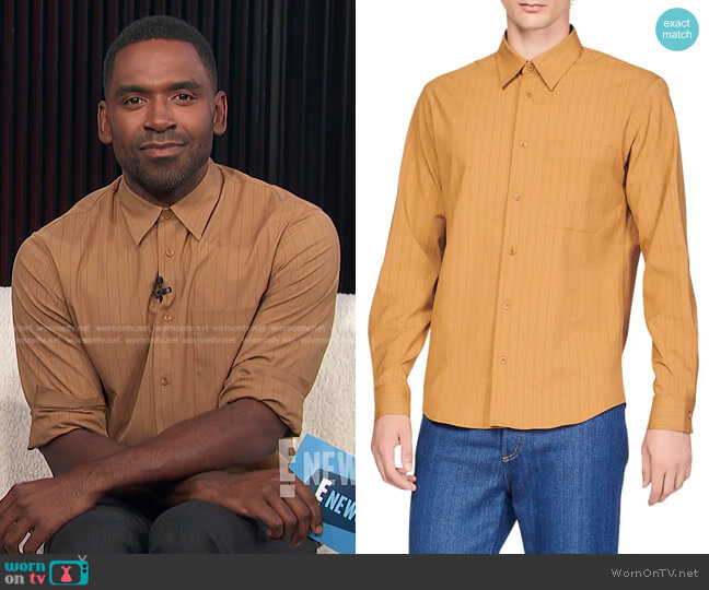 Sandro Pinstripe Flow Stretch Button-Up Shirt worn by Justin Sylvester on E! News