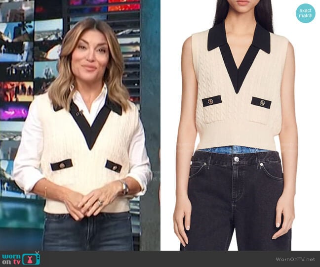 Sandro Suzy Sleeveless Cable Knit Sweater worn by Kit Hoover on Access Hollywood